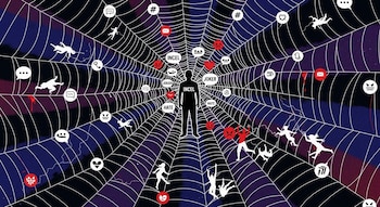 Ilustración de una telaraña gigante con íconos de redes sociales. Una silueta masculina atrapada en el centro con palabras de odio; pequeñas figuras intentan escapar.
