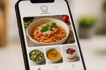 Pantalla de celular con una aplicación de cocina que despliega imágenes de pasta, ensalada, crema de verduras y yogur con frutas.