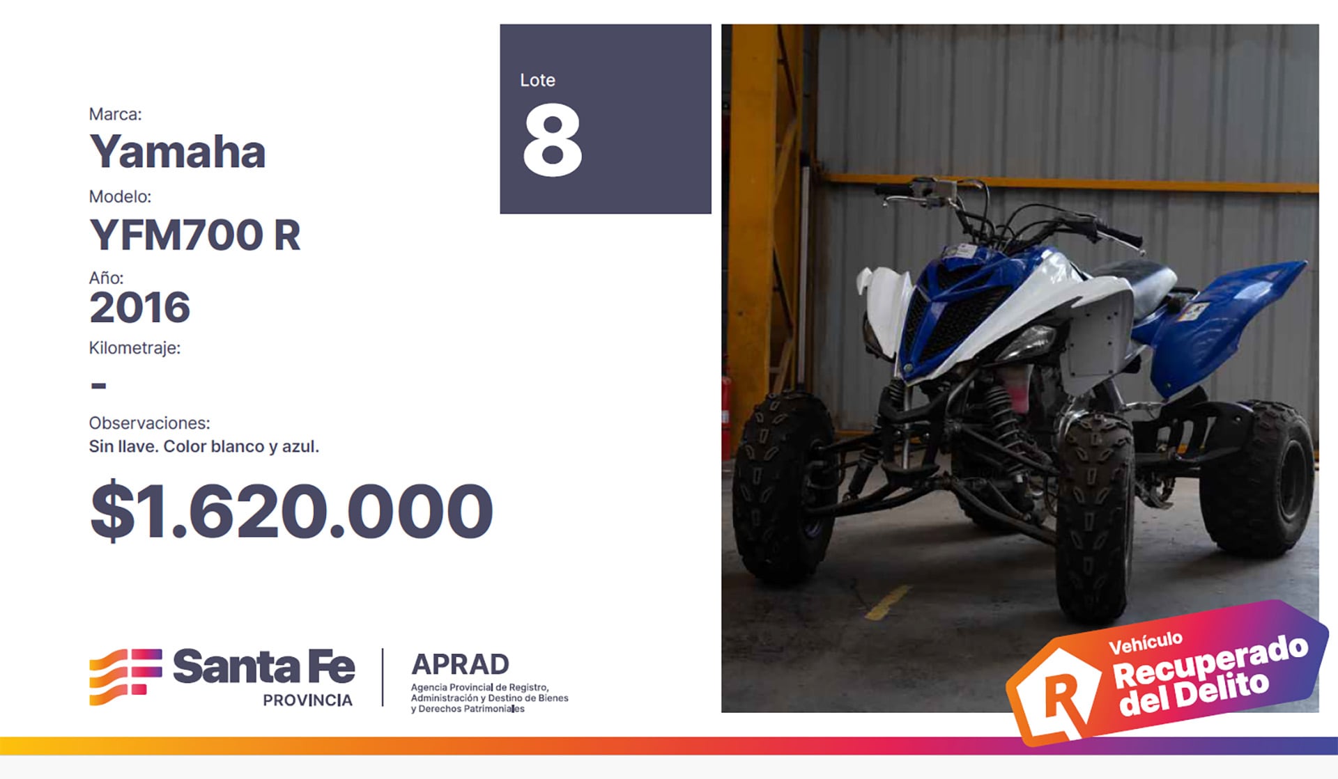 La provincia de Santa Fe subasta un cuatriciclo Yamaha YFM700 R blanco y azul, modelo 2016, recuperado del delito, con un precio inicial de $1.620.000.