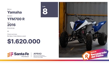 Imagen de un cuatriciclo Yamaha YFM700 R blanco y azul, modelo 2016, con información de subasta, precio de $1.620.000 y logo de vehículo recuperado