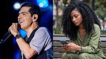 Una imagen dividida muestra al cantante Peter Manjarrés con un micrófono en un escenario iluminado y a Juliana Guerrero usando un teléfono en un banco.