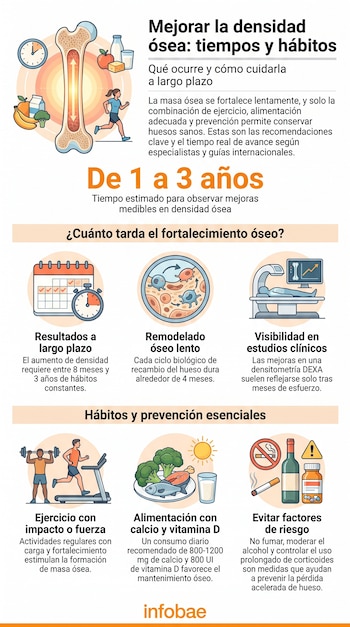 Infografía con una sección de hueso, una persona corriendo, alimentos ricos en calcio, un reloj, calendario, células óseas, máquina DEXA, pesas, cigarrillos y una botella.