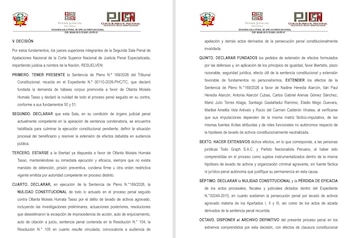 Una hoja de resolución judicial; texto impreso; escudo del Poder Judicial del Perú; encabezado con nombres de instituciones judiciales