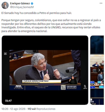 Enrique Gómez acusó a Gustavo Petro de buscar evitar investigaciones tras permiso del Senado - crédito @Enrique_GomezM/X