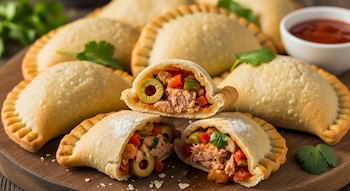 Varias empanadas sobre una tabla de madera. Algunas están abiertas y muestran relleno de atún, aceitunas y pimientos. Hay hojas de cilantro y un tazón con salsa.