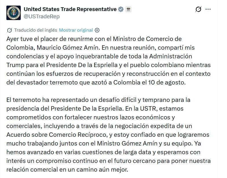 Jamieson Greer, representante de Comercio de los Estados Unidos, dijo que espera trabajar mucho con Colombia - crédito @USTradeRep/X