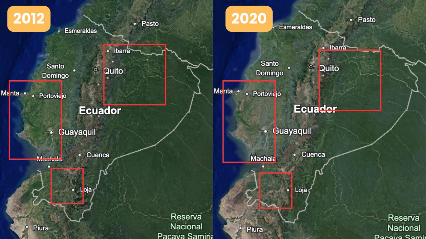 Deforestación en Ecuador: vista del satélite de Google Earth en 2012 y 2020