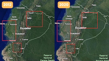 Deforestación en Ecuador: vista del satélite de Google Earth en 2012 y 2020.