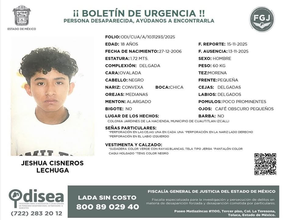 Ficha de Búsqueda de Jeshua Cisneros, desaparecido en Cuautitlán Izcalli (Especial)