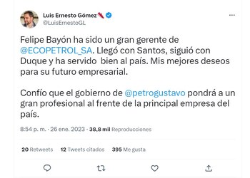 Reacciones en Twitter a la renuncia del director de Ecopetrol, Felipe Bayón.