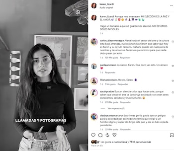 La actriz señaló que varios docentes estudiantes del EMA se estarían viendo afectados también por cuenta de las amenazas que han recibido por no apoyar a Abelardo de la Espriella - crédito @karen_lizardi/IG