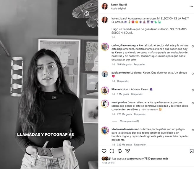 La actriz señaló que varios docentes estudiantes del EMA se estarían viendo afectados también por cuenta de las amenazas que han recibido por no apoyar a Abelardo de la Espriella - crédito @karen_lizardi/IG