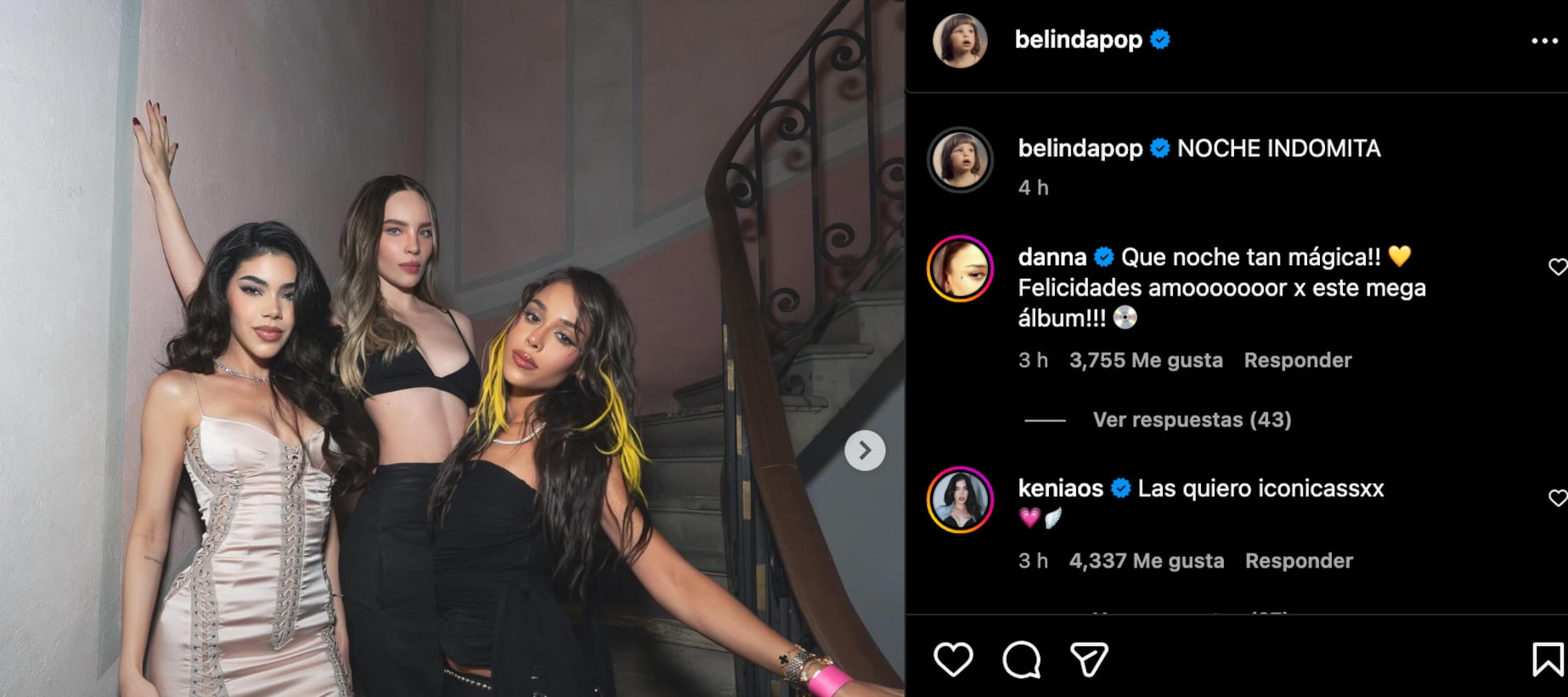 Belinda aclaró “A Kenia le tengo muchísimo cariño y un profundo respeto”, escribió en redes. Borró el mensaje días después, tras recibir amenazas de muerte. (Instagram: @belindapop)