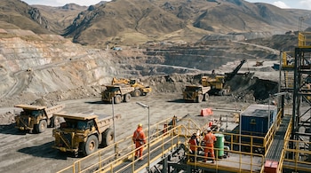 Mina a cielo abierto con grandes excavadoras, camiones de carga, infraestructura industrial y varios trabajadores con equipos de seguridad.