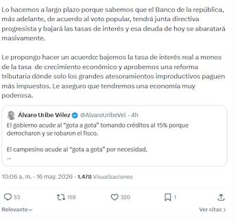 El jefe de Estado propuso al líder político del Centro Democrático un pacto para estabilizar las finanzas nacionales- crédito @petrogustavo/X