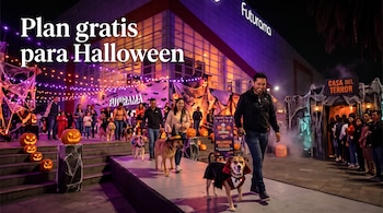 Personas desfilan con perros disfrazados junto a calabazas decorativas frente al edificio Futurama bajo el letrero Plan gratis para Halloween.