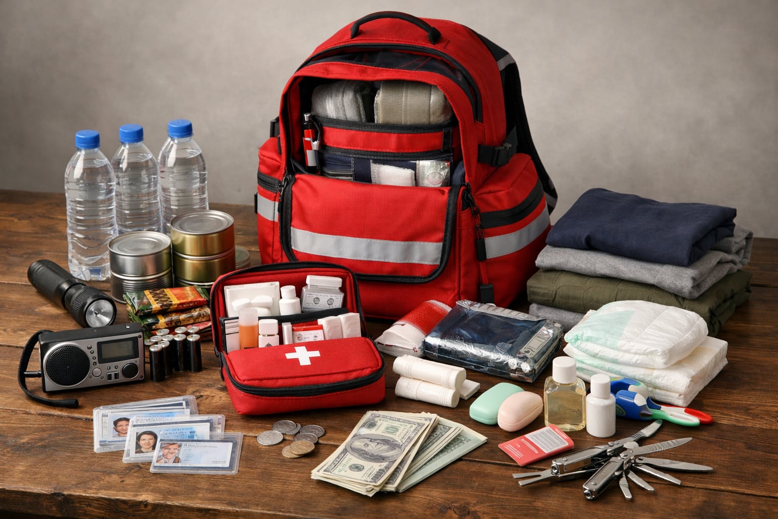 Una mochila de emergencia roja despliega sus artículos básicos para la preparación ante contingencias como agua, alimentos, botiquín, documentos, dinero y ropa. (Imagen Ilustrativa Infobae)