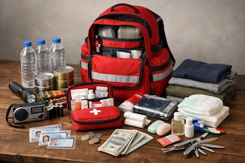 Mochila de emergencia roja abierta con agua, alimentos, botiquín, linterna, radio, baterías, documentos, dinero, ropa, elementos de higiene y multiherramienta.