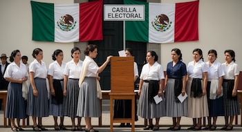 Grupo de once mujeres en fila, una deposita una boleta en una urna electoral de madera. Dos banderas mexicanas y un letrero "Casilla Electoral" en el fondo.