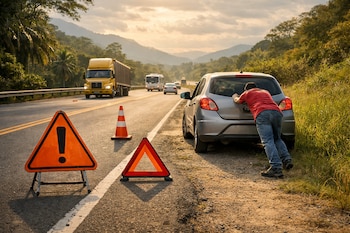 Hombre empuja un coche plateado en el arcén de una carretera colombiana con dos señales de advertencia, un cono y un camión amarillo al fondo, al atardecer.