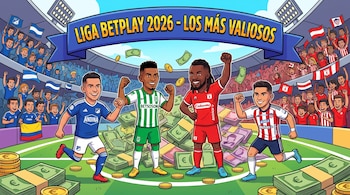 Cuatro jugadores de fútbol caricatura en uniformes de Millonarios, Nacional, América y Junior con billetes de euro en un estadio con aficionados y una pancarta.