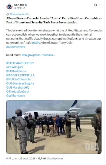 El director de la DEA Terry Cole destacó la extradición del criminal colombiano a los Estados Unidos - crédito @DEAHQ/X