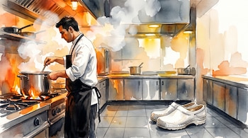 Un cocinero de perfil izquierdo remueve una olla sobre una estufa con fuego en una cocina industrial, junto a unos zuecos blancos en el suelo de gres.
