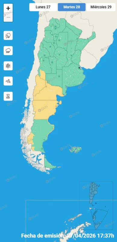 El mapa de alertas meteorológicas del martes muestra niveles de precaución en regiones del oeste y sur del país