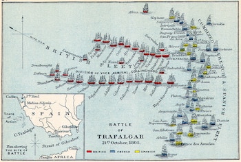Mapa histórico con navíos en la batalla de Trafalgar