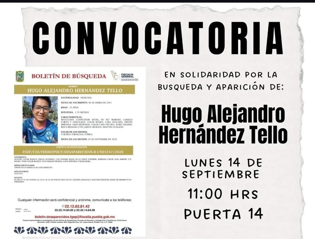 Hugo Alejandro Hernández Tello, alumno desaparecido de la BUAP. (Redes sociales)