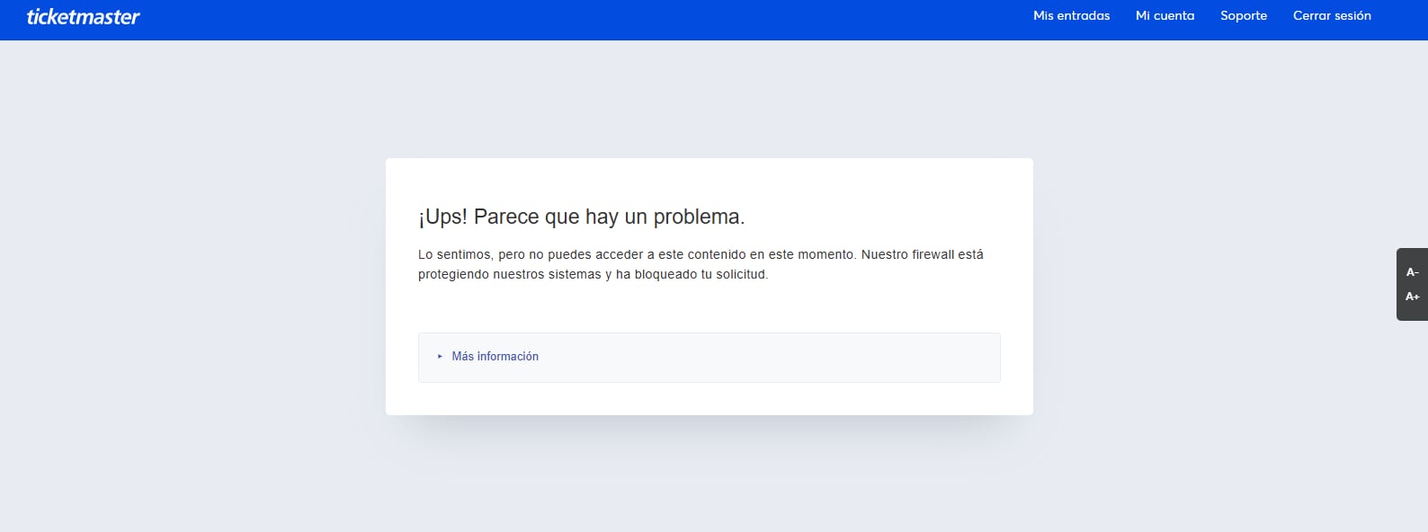 La página de Ticketmaster muestra un mensaje de error, bloqueando el acceso a los usuarios minutos antes de la preventa de entradas para el concierto de BTS en Perú.
