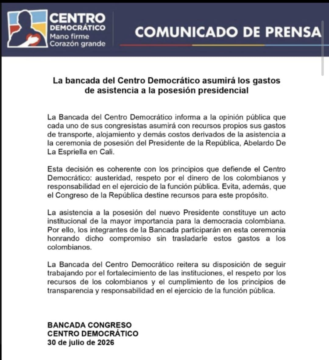 El partido político anunció que sus congresistas asumirán los gastos para asistir a la posesión presidencial - crédito Centro Democrático