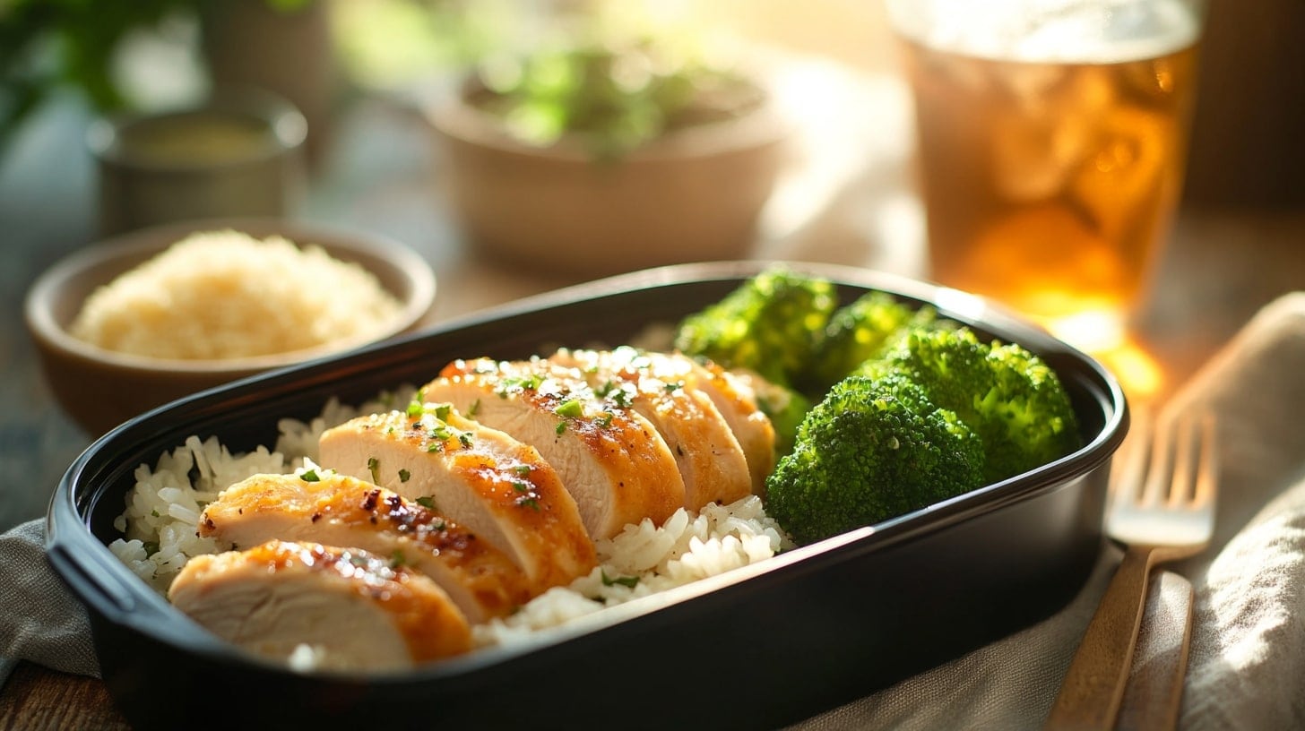 Lonchera equilibrada con pollo asado, brócoli al vapor, arroz blanco y un toque de queso parmesano, ideal para almuerzos. - (Imagen Ilustrativa Infobae)