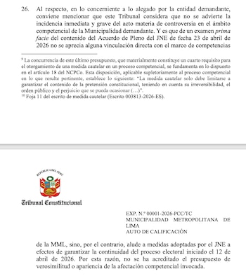 Documento legal con el escudo de la República del Perú y el logotipo del Tribunal Constitucional, incluye texto de expediente y sobre la Municipalidad de Lima