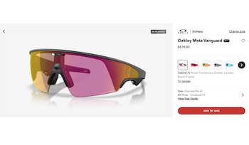 Gafas inteligentes Oakley Meta Vanguard de montura negra y lentes rosa, naranja y amarillo. Logotipos de Oakley y Meta. Precio de 579 dólares