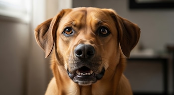 Primer plano de un perro doméstico de tamaño mediano con pelaje marrón claro, ojos oscuros y boca ligeramente abierta mostrando los dientes inferiores.