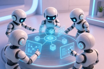 Cinco robots blancos pequeños interactúan con pantallas holográficas azules proyectadas sobre una mesa redonda en una habitación iluminada.