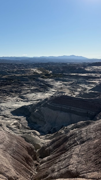 Vasto paisaje árido con colinas erosionadas y formaciones geológicas de diferentes colores bajo un cielo azul claro y montañas en la lejanía