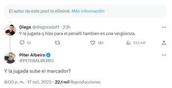 El humorista tuvo intercambios de palabras con varios usuarios en redes sociales por sus cuestionamientos al juego de Luis Diaz - crédito @PITERALBEIRO/X