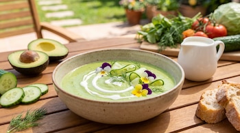 Un cuenco de sopa verde adornado con flores y láminas de pepino, junto a aguacate, pepino en rodajas, pan y un jarrón de líquido.