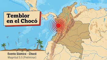 Mapa ilustrado de Colombia. Un epicentro sísmico con ondas rojas se ubica en Chocó. Textos: "Temblor en el Chocó" y "Evento Sísmico - Chocó Magnitud 5.5 (Preliminar)".