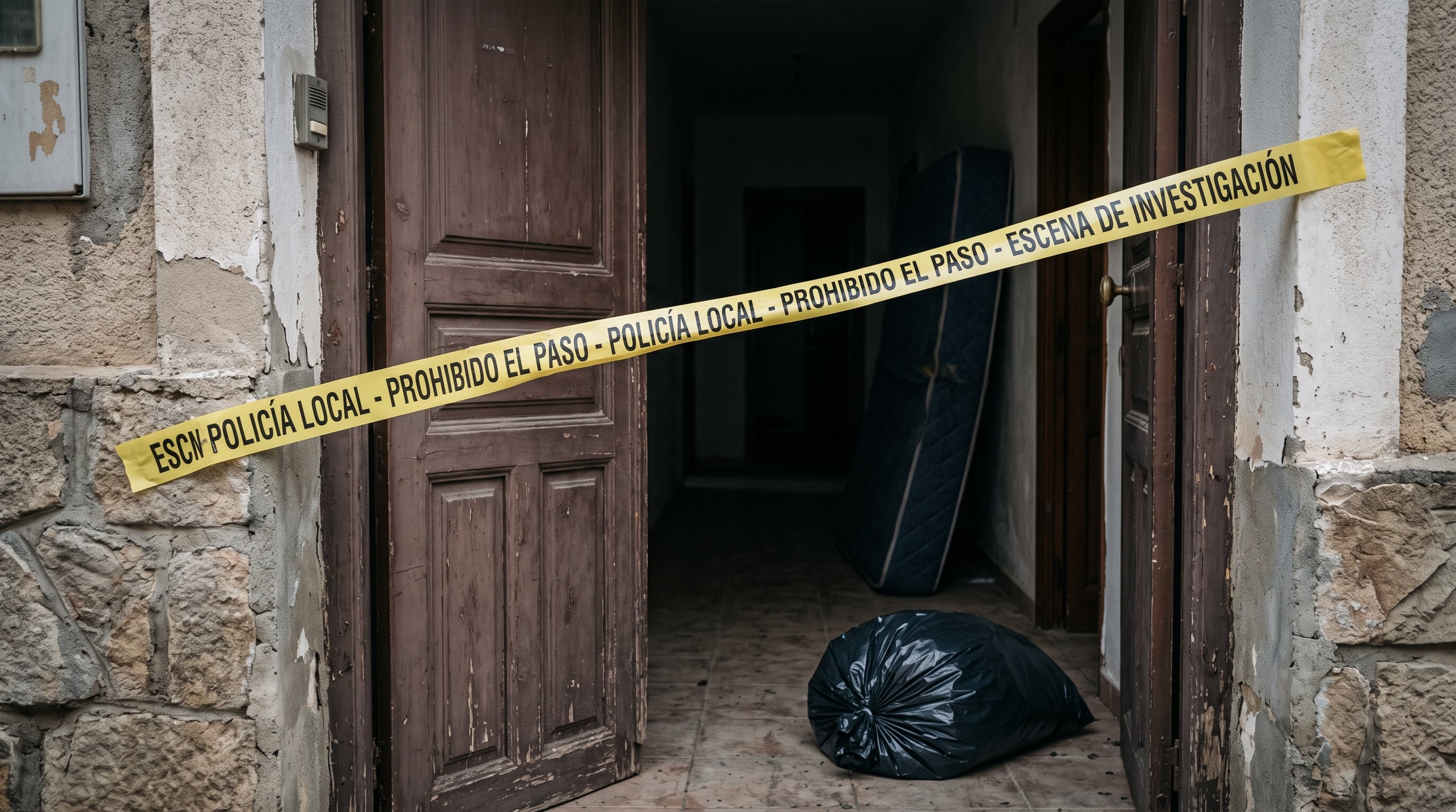 Una cinta de precinto de la Policía Local acordona la entrada entreabierta de una vivienda donde se realiza una investigación. (Imagen Ilustrativa Infobae)