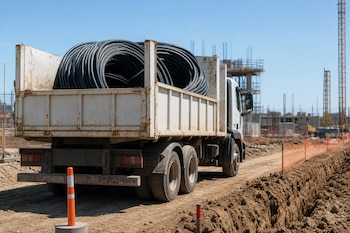 Camión blanco con bobinas de cables negros en la caja, estacionado junto a una zanja de tierra en una obra de construcción.