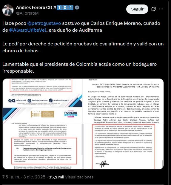 El representante a la Cámara, Andrés Forero sostuvo que el comunicado oficial fue insatisfactorio y carente de sustancia - crédito @AForeroM/X