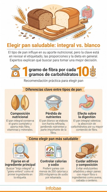 Infografía con pan integral y blanco, espigas de trigo, iconos de digestión, balanza, granos, criba, etiqueta, calorías, sodio, y texto explicativo sobre su elección.