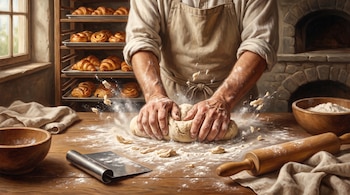 Primer plano de manos de panadero amasando masa sobre una mesa de madera enharinada; se observan utensilios de panadería, un horno de ladrillos y estantes con facturas.