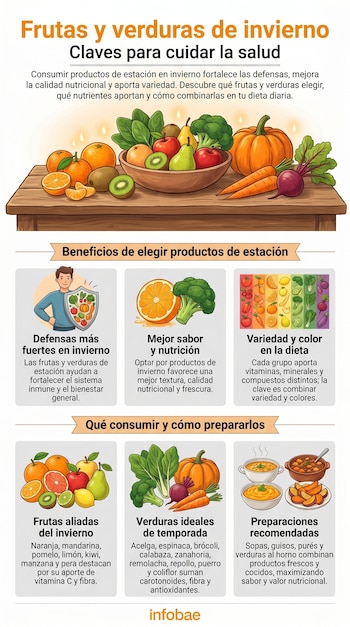 Infografía sobre frutas y verduras de invierno. Muestra un bodegón con naranjas, kiwis, manzanas, peras, brócoli, calabaza, zanahorias y remolachas.