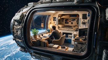 Interior de un módulo espacial con hombre en escritorio, cama, estanterías, plantas, monitor, computadora y ventana con vista a la Tierra y estrellas