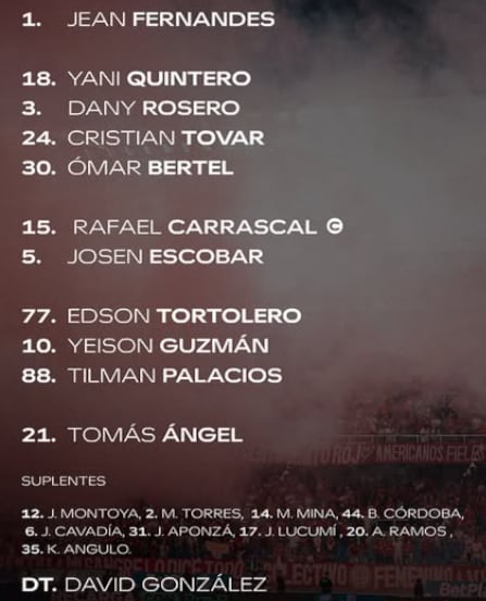 Nómina inicial de América de Cali para el partido ante Atlético Nacional - crédito América de Cali