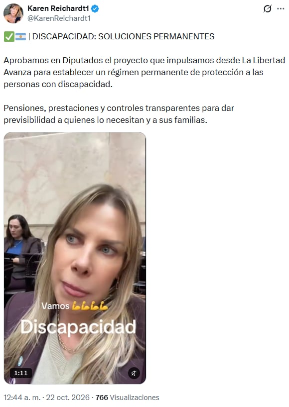Una publicación de Karen Reichardt en la red social X informa sobre la aprobación en la Cámara de Diputados de Argentina de un proyecto de ley relativo a personas con discapacidad.
